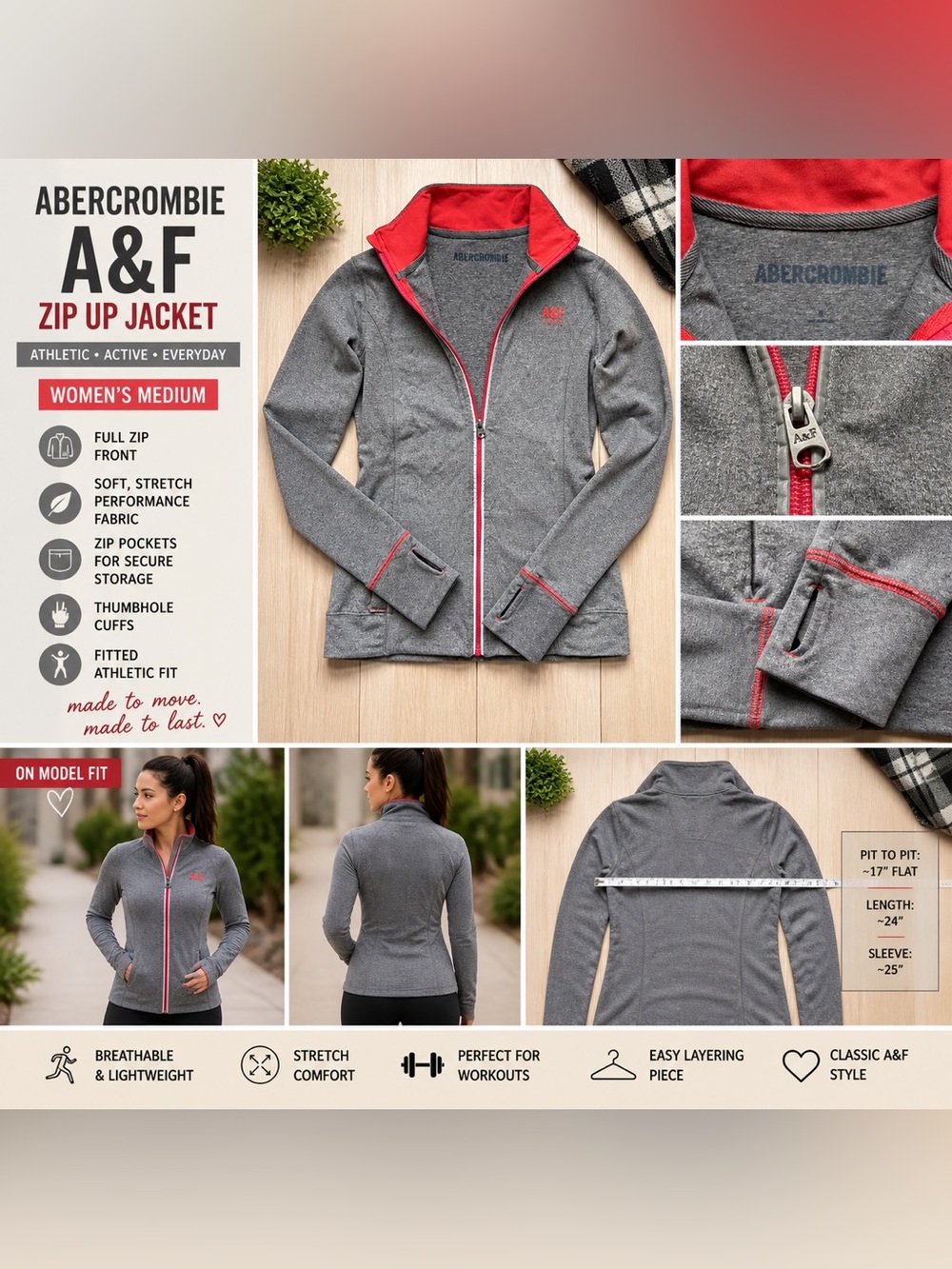 Abercrombie A&F Zip Up Athletic Jacket Gray Red Trim Women’s Medium Activewear